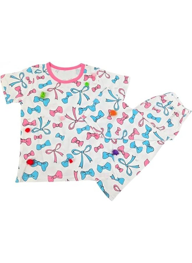 MINIIMODZ MINII MODZ Ribbon Print Shirt & Pant Set for Girls – Soft Cotton Dress Sleepwear | Suitable for Kids, Toddlers, and Infants - Image 1